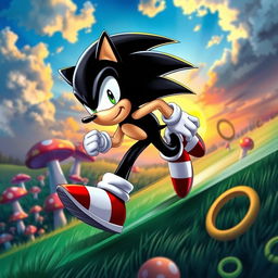 A striking depiction of a black Sonic the Hedgehog, featuring sleek shiny fur and bright red shoes, racing across a vibrant green landscape filled with bizarre, colorful mushrooms and loops