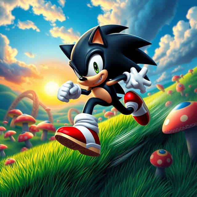 A striking depiction of a black Sonic the Hedgehog, featuring sleek shiny fur and bright red shoes, racing across a vibrant green landscape filled with bizarre, colorful mushrooms and loops