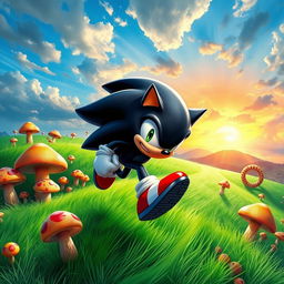 A striking depiction of a black Sonic the Hedgehog, featuring sleek shiny fur and bright red shoes, racing across a vibrant green landscape filled with bizarre, colorful mushrooms and loops