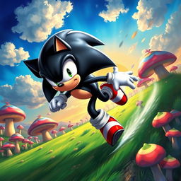 A striking depiction of a black Sonic the Hedgehog, featuring sleek shiny fur and bright red shoes, racing across a vibrant green landscape filled with bizarre, colorful mushrooms and loops