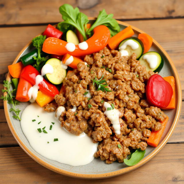 A delicious plate of minced meat with cream, served alongside a vibrant assortment of fresh vegetables