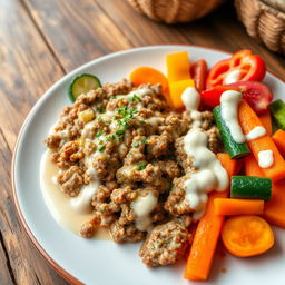 A delicious plate of minced meat with cream, served alongside a vibrant assortment of fresh vegetables