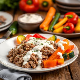 A delicious plate of minced meat with cream, served alongside a vibrant assortment of fresh vegetables