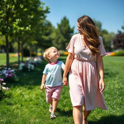 A warm and tender scene of a mother holding hands with her two-year-old son as they walk through a sunny park