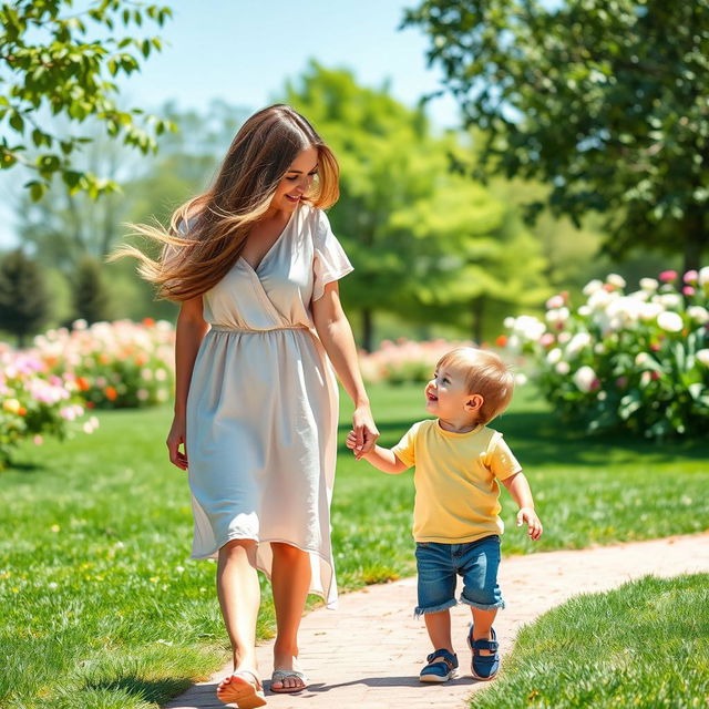 A warm and tender scene of a mother holding hands with her two-year-old son as they walk through a sunny park