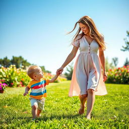 A warm and tender scene of a mother holding hands with her two-year-old son as they walk through a sunny park