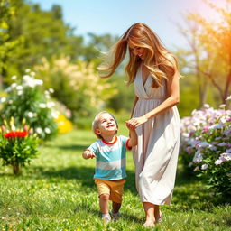 A warm and tender scene of a mother holding hands with her two-year-old son as they walk through a sunny park