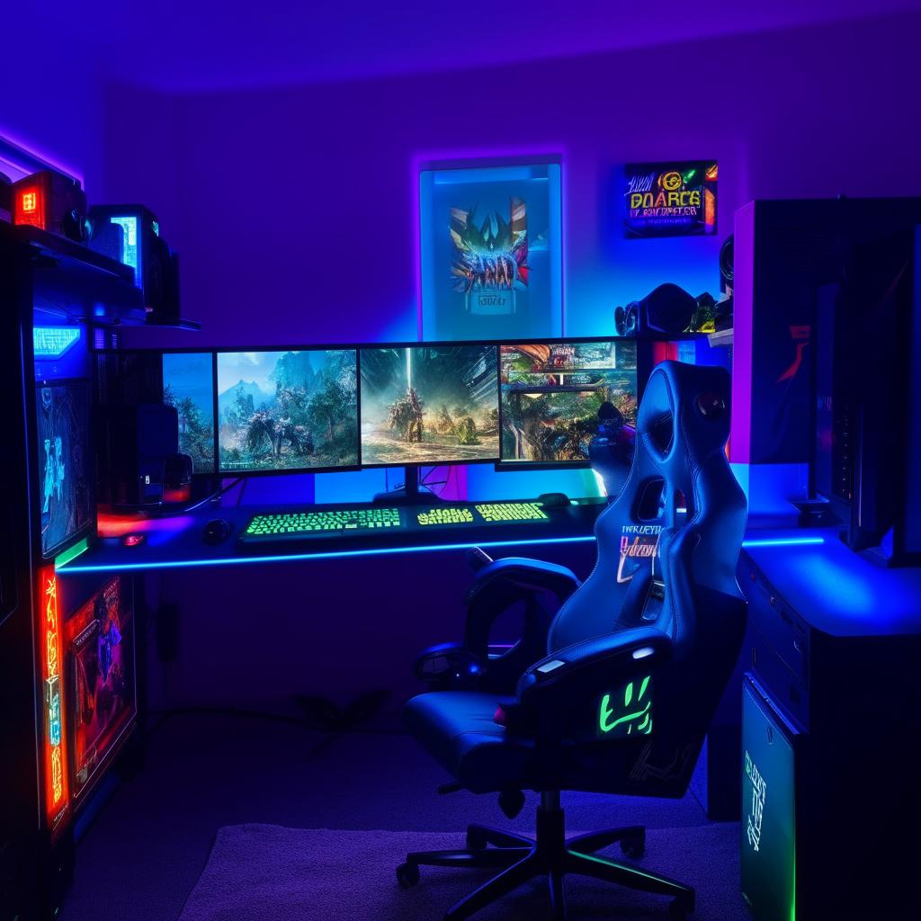 A cozy bedroom fully equipped with gaming gadgets, featuring a comfortable gaming chair, modern computer setup with multiple monitors, game-themed posters on the wall, and LED illumination