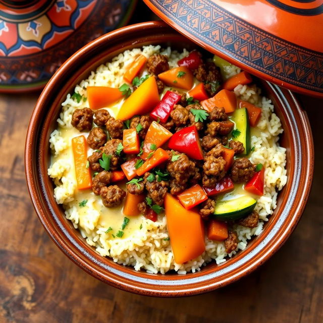 A delicious tagine featuring ground meat mixed with vibrant vegetables, all enveloped in a rich creamy sauce