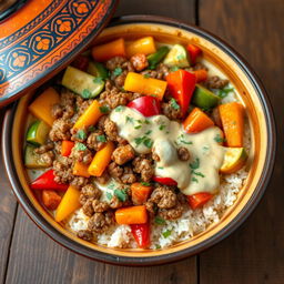 A delicious tagine featuring ground meat mixed with vibrant vegetables, all enveloped in a rich creamy sauce