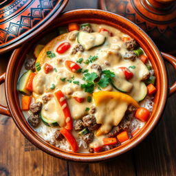 A delicious tagine featuring ground meat mixed with vibrant vegetables, all enveloped in a rich creamy sauce