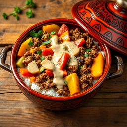 A delicious tagine featuring ground meat mixed with vibrant vegetables, all enveloped in a rich creamy sauce