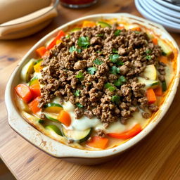 A delicious vegetable casserole with minced meat and creamy sauce, featuring layers of colorful fresh vegetables like bell peppers, zucchini, and carrots, generously topped with ground beef cooked to perfection