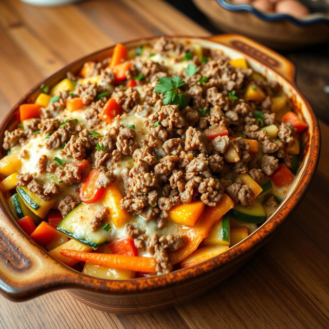 A delicious vegetable casserole with minced meat and creamy sauce, featuring layers of colorful fresh vegetables like bell peppers, zucchini, and carrots, generously topped with ground beef cooked to perfection