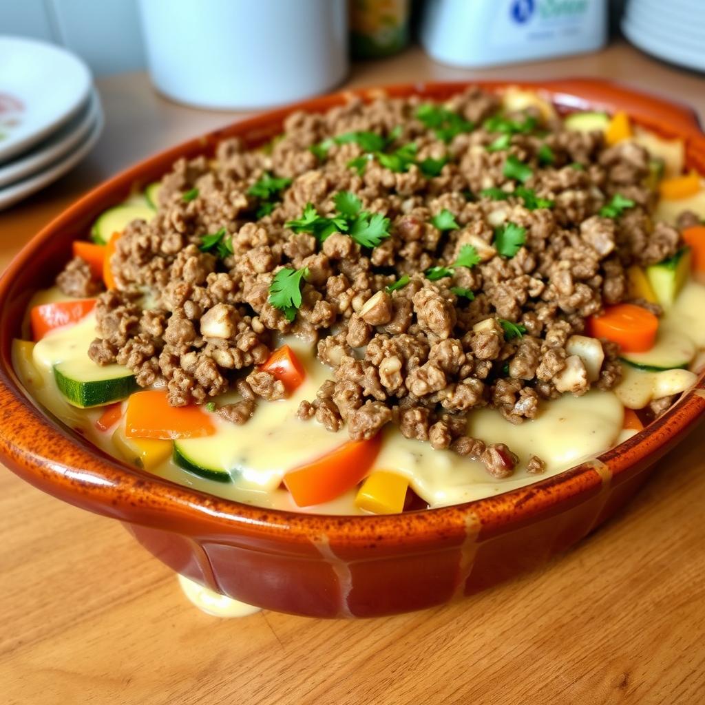 A delicious vegetable casserole with minced meat and creamy sauce, featuring layers of colorful fresh vegetables like bell peppers, zucchini, and carrots, generously topped with ground beef cooked to perfection