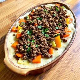A delicious vegetable casserole with minced meat and creamy sauce, featuring layers of colorful fresh vegetables like bell peppers, zucchini, and carrots, generously topped with ground beef cooked to perfection