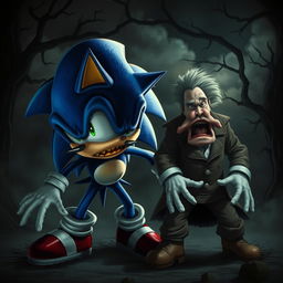 A terrifying version of Sonic the Hedgehog in a dark, eerie setting, poised dramatically as he confronts Dr