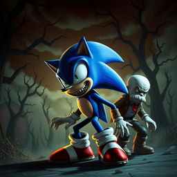 A terrifying version of Sonic the Hedgehog in a dark, eerie setting, poised dramatically as he confronts Dr
