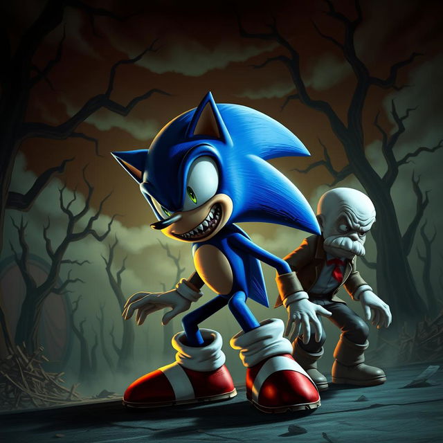 A terrifying version of Sonic the Hedgehog in a dark, eerie setting, poised dramatically as he confronts Dr