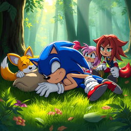 Sonic the Hedgehog in a dramatic scene, lying down in a semi-conscious state as if he is dying, surrounded by his friends