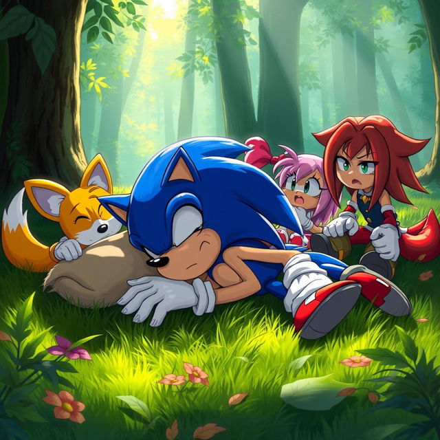 Sonic the Hedgehog in a dramatic scene, lying down in a semi-conscious state as if he is dying, surrounded by his friends