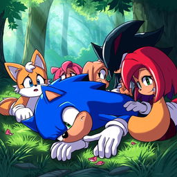 Sonic the Hedgehog in a dramatic scene, lying down in a semi-conscious state as if he is dying, surrounded by his friends