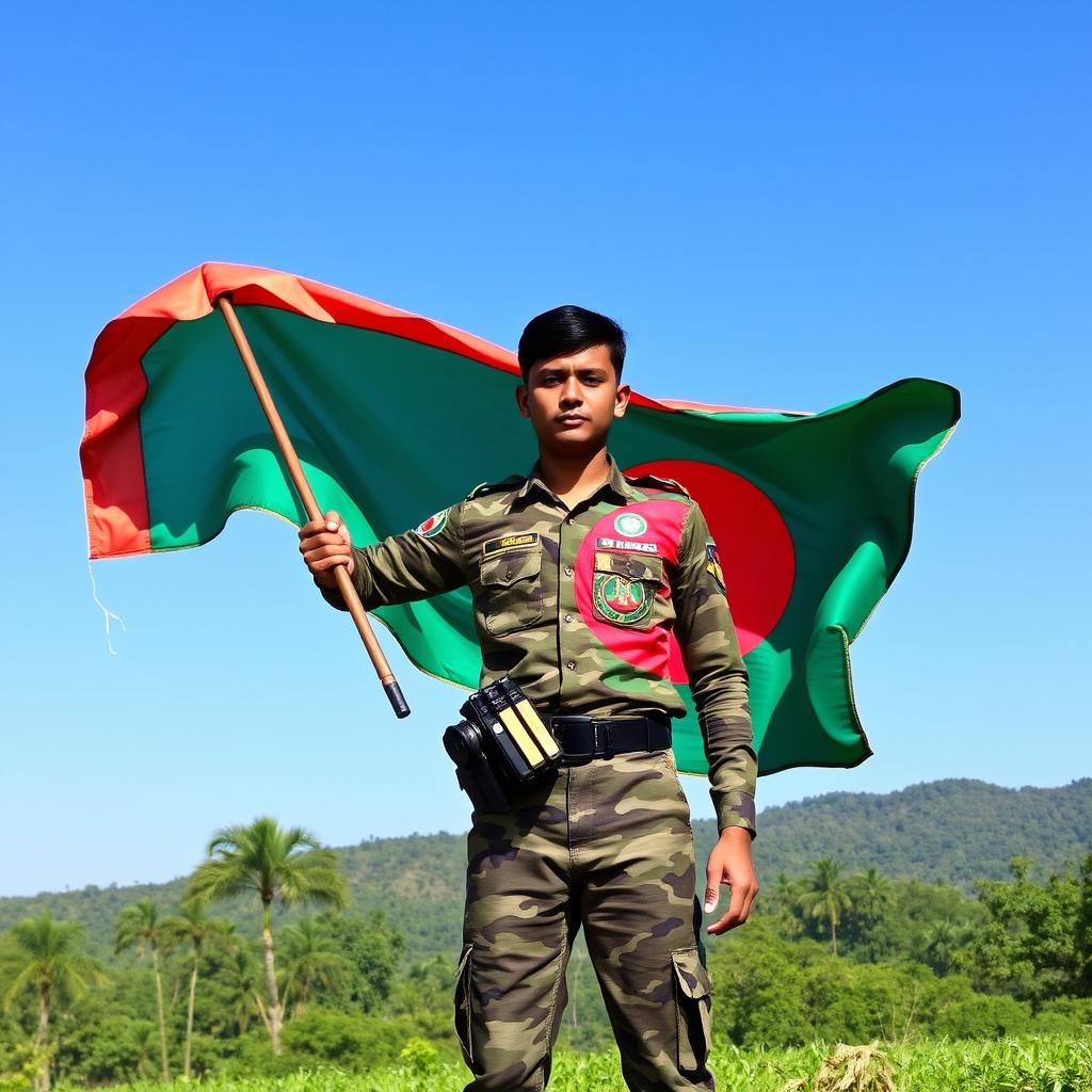 A proud Bangladeshi soldier standing tall and strong, holding the vibrant Bangladeshi flag