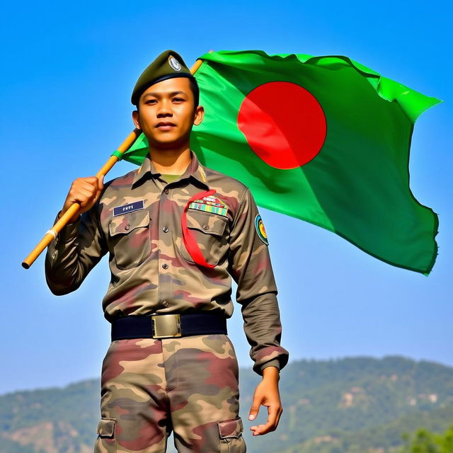 A proud Bangladeshi soldier standing tall and strong, holding the vibrant Bangladeshi flag