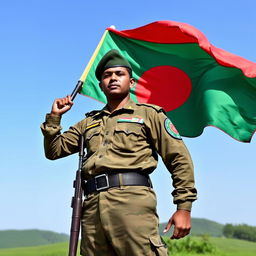 A proud Bangladeshi soldier standing tall and strong, holding the vibrant Bangladeshi flag