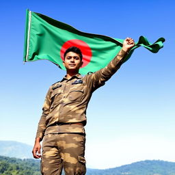 A proud Bangladeshi soldier standing tall and strong, holding the vibrant Bangladeshi flag