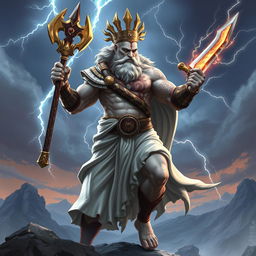 A powerful and dynamic character design combining Zeus, the Greek god of thunder, and Kratos, the fierce warrior from the God of War series