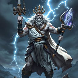 A powerful and dynamic character design combining Zeus, the Greek god of thunder, and Kratos, the fierce warrior from the God of War series