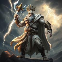 A powerful and dynamic character design combining Zeus, the Greek god of thunder, and Kratos, the fierce warrior from the God of War series