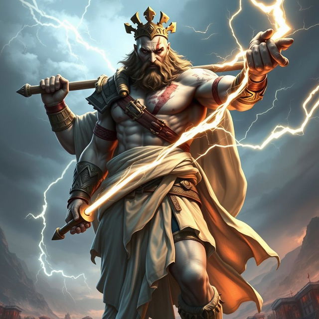 A powerful and dynamic character design combining Zeus, the Greek god of thunder, and Kratos, the fierce warrior from the God of War series