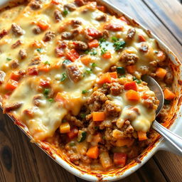 A hearty vegetable casserole featuring a rich blend of minced meat and creamy sauce