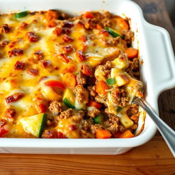 A hearty vegetable casserole featuring a rich blend of minced meat and creamy sauce