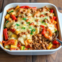 A hearty vegetable casserole featuring a rich blend of minced meat and creamy sauce