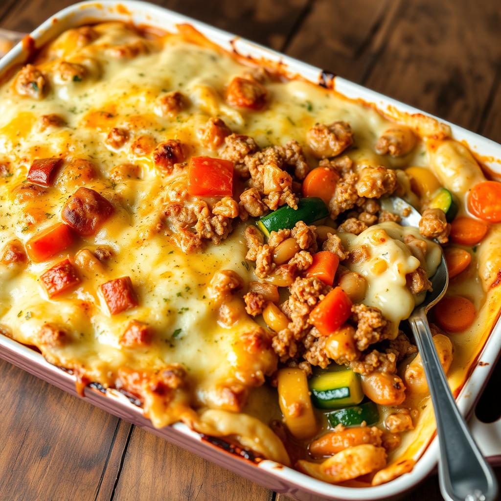 A hearty vegetable casserole featuring a rich blend of minced meat and creamy sauce