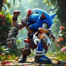 A hyper-realistic portrayal of Kratos from God of War combined with Sonic the Hedgehog