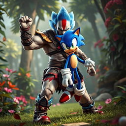 A hyper-realistic portrayal of Kratos from God of War combined with Sonic the Hedgehog