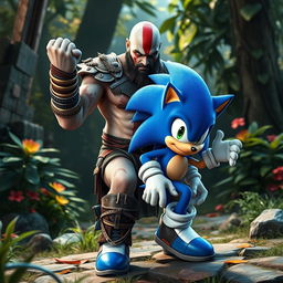 A hyper-realistic portrayal of Kratos from God of War combined with Sonic the Hedgehog