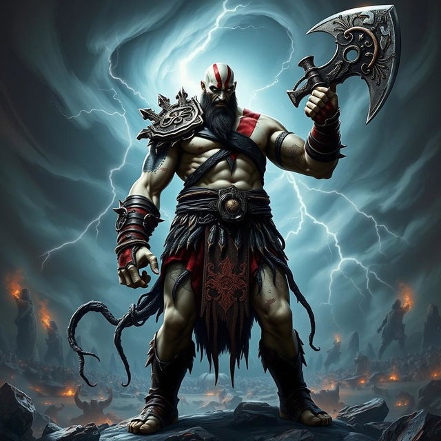 A powerful and imposing character combining elements of Kratos from God of War and Venom from Marvel Comics