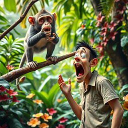A humorous and exaggerated scene featuring a cheeky monkey standing on a branch, playfully making faces and gestures at a surprised human below