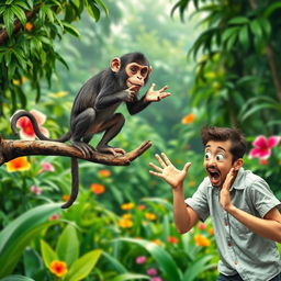 A humorous and exaggerated scene featuring a cheeky monkey standing on a branch, playfully making faces and gestures at a surprised human below