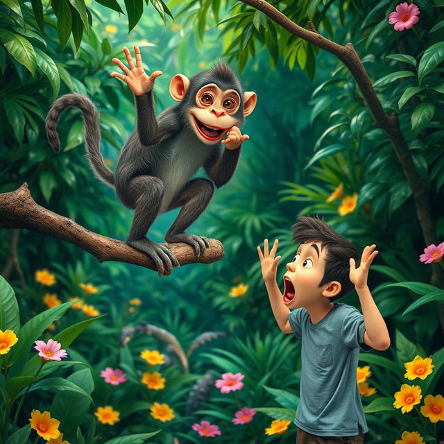 A humorous and exaggerated scene featuring a cheeky monkey standing on a branch, playfully making faces and gestures at a surprised human below