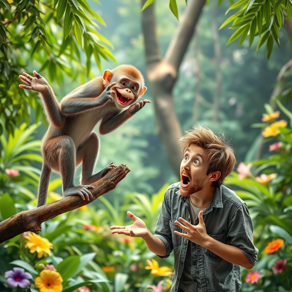 A humorous and exaggerated scene featuring a cheeky monkey standing on a branch, playfully making faces and gestures at a surprised human below