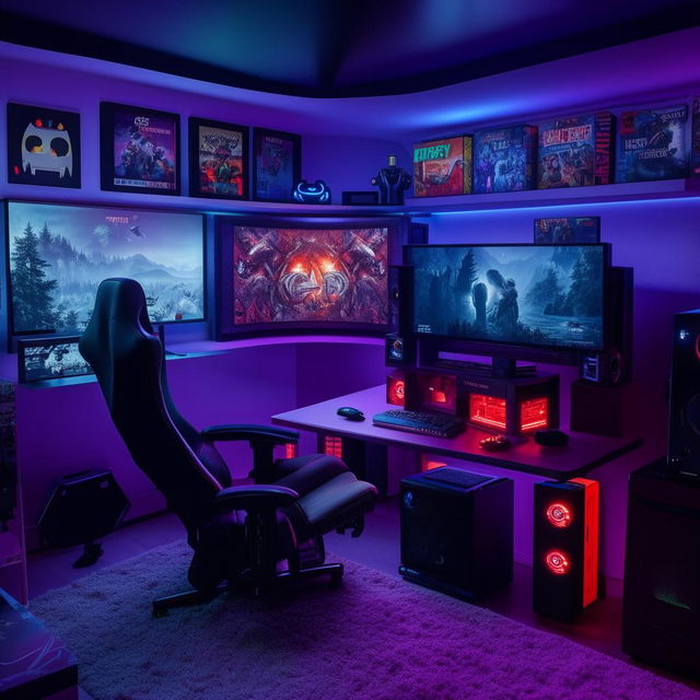 A cozy bedroom fully equipped with gaming gadgets, featuring a comfortable gaming chair, modern computer setup with multiple monitors, game-themed posters on the wall, and LED illumination