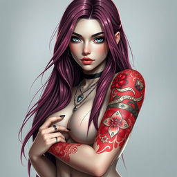 A stunning character with long cherry blossom colored hair cascading down her shoulders