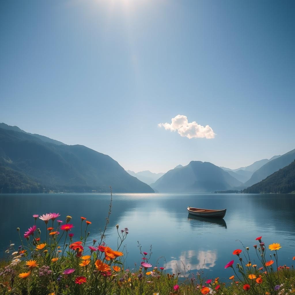 A serene landscape scene featuring a peaceful lake surrounded by lush green mountains under a clear, blue sky