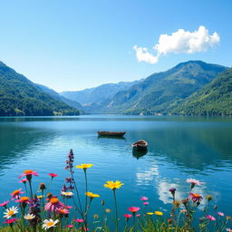 A serene landscape scene featuring a peaceful lake surrounded by lush green mountains under a clear, blue sky